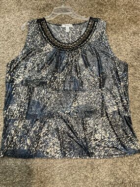 dressbarn Beaded Navy& Beige Layered Embellished Neckline Tank Top 3X